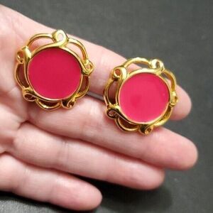 JS gold tone clip on earrings with pink